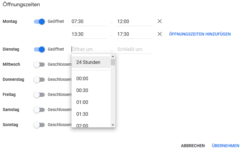Öffnungszeiten in Google MyBusiness / Google Maps einstellen