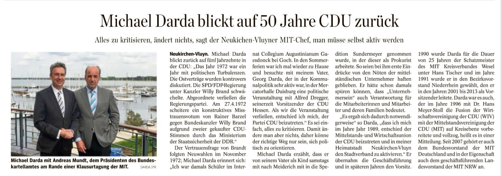 Über ein halbes Jahrhundert Mitglied der CDU: Michael Darda, MIT-Bundesvorstandsmitglied, trat zum 1.7.1972 der Partei bei