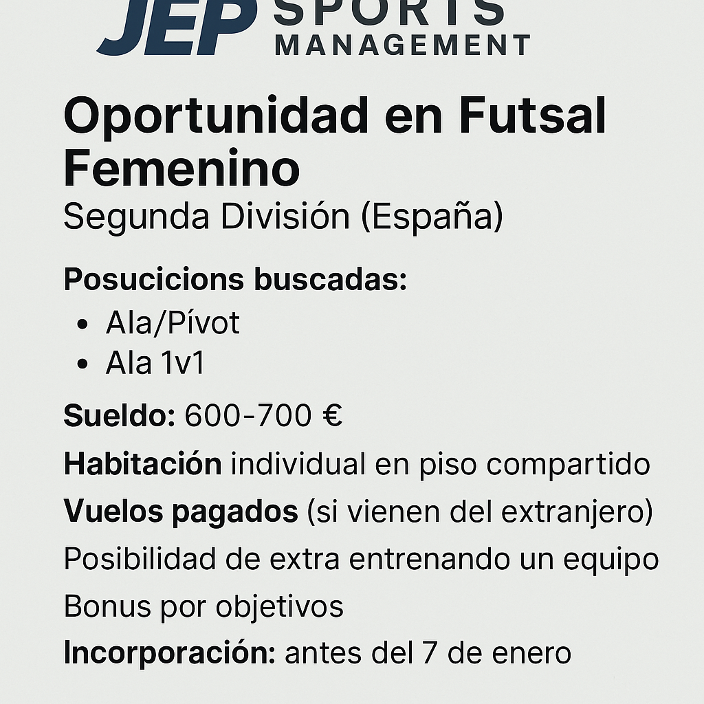 Oferta Profesional: Oportunidad en Futsal Femenino – Segunda División (España)