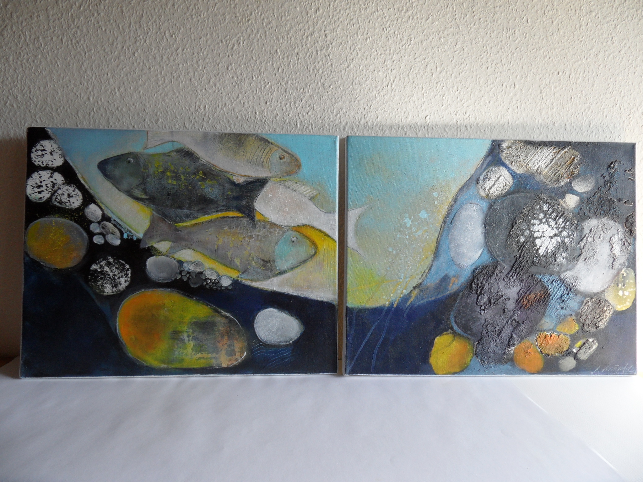 Fische im Bach, Acryl, 2x 40x50