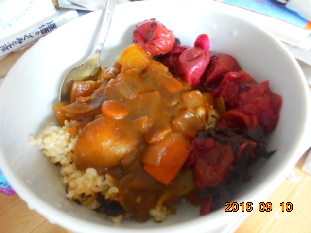 ＊玄米ご飯にカレーに、何故か頂き物の手作りの梅干しとなります、美味しかったです。