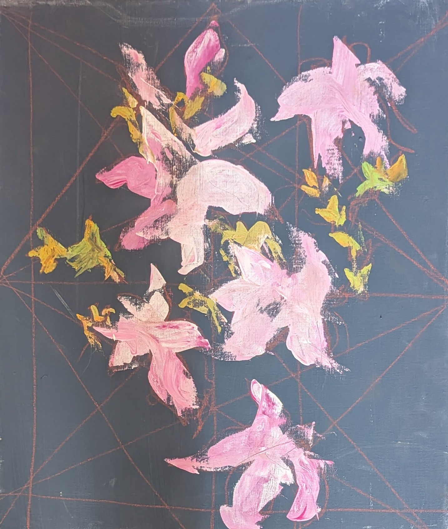 Magnolienzweig 5, Gouache auf Leinwand, 46x38 cm, 2024