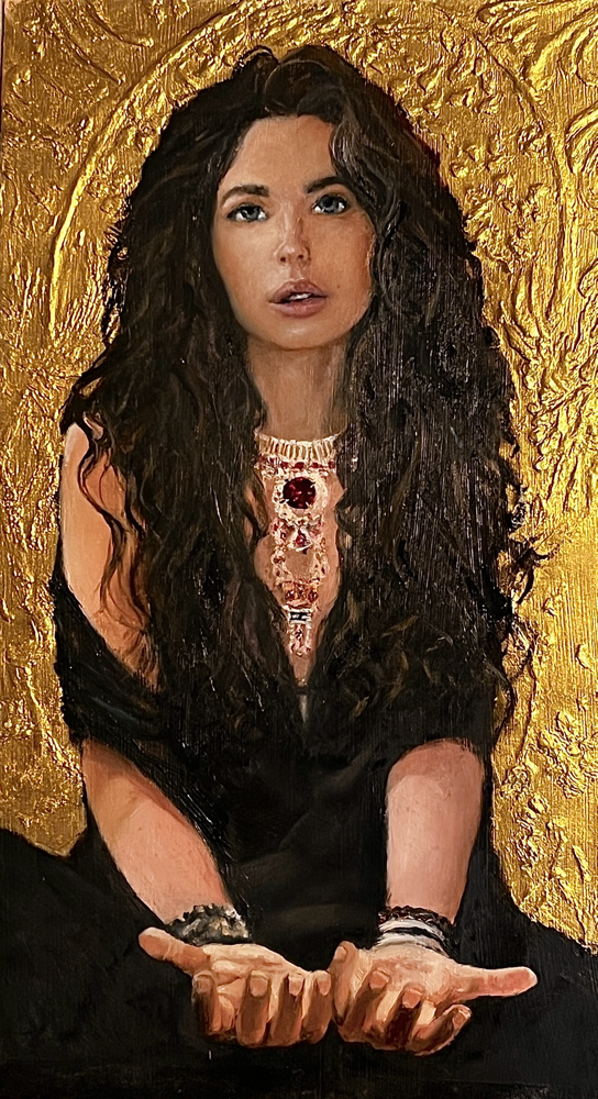 Jewel-oil, ruby and gold  on panel, 7x13”