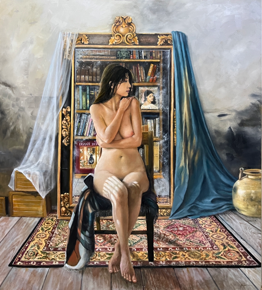 Still life with figure-oil on canvas, 44x48” 2nd Place and People’s Choice Awards