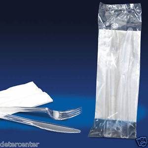BIS POSATE CRISTAL - Bis posate trasparenti forchetta + coltello con tovagliolo 2 veli bianco