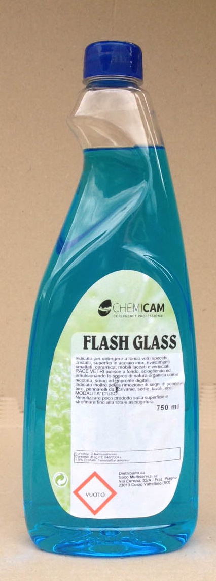 FLASH GLASS 750 ML -Indicato per detergere a fondo vetri,specchi,superfici acciaio inox,ceramiche,mobili laccati. 