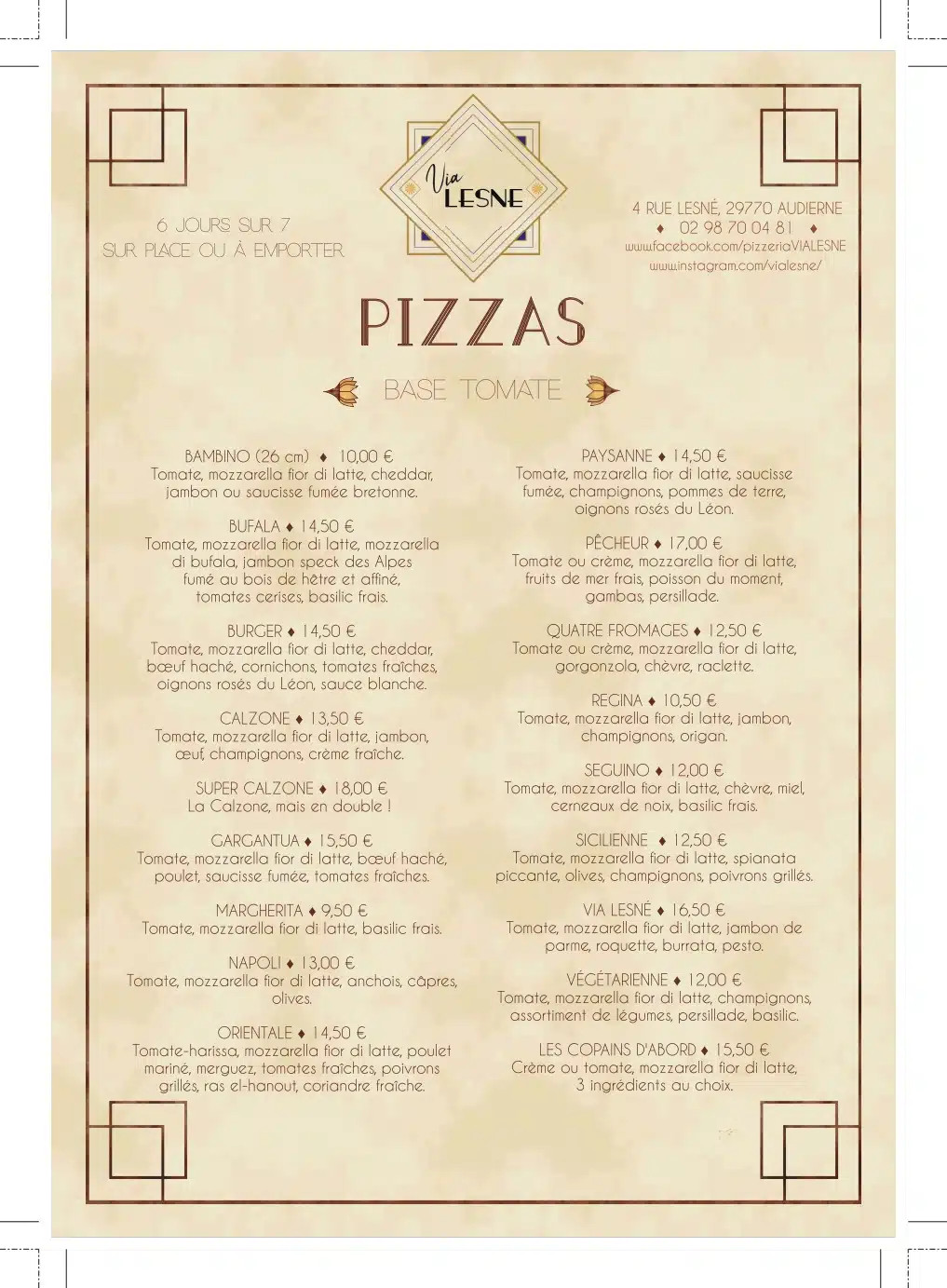 Pizzeria Via Lesne, Speisekarte