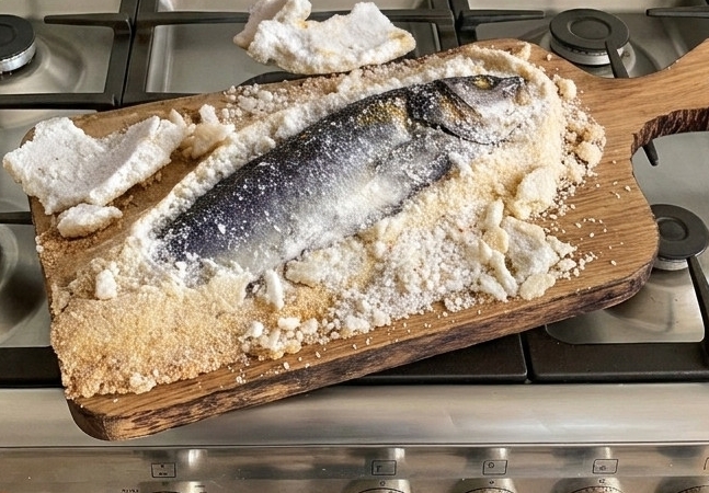 Wolfsbarsch in der Salzkruste, Bar en Croute de Sel, Kochrezept Fisch Bretagne, Ferienhaus Ker Armor, Tal Ar Mor, Plouhinec