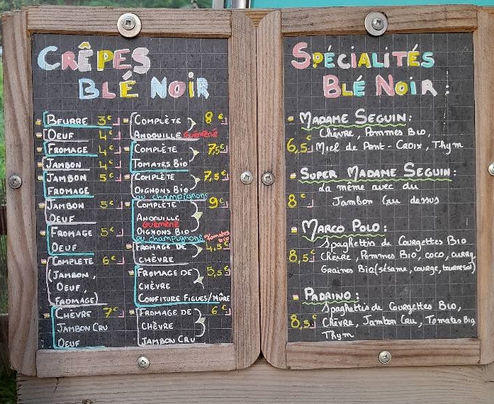 Crêperie la Caravane Bleue, Audierne, Cap Sizun, Speisenkarte