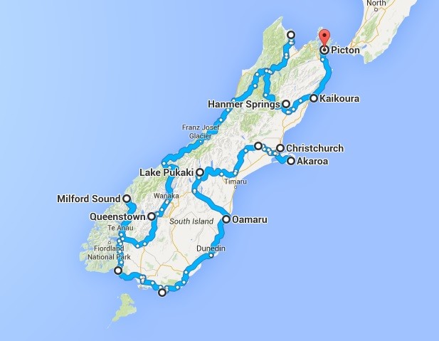 Route roadtrip Zuidereiland Nieuw-Zeeland