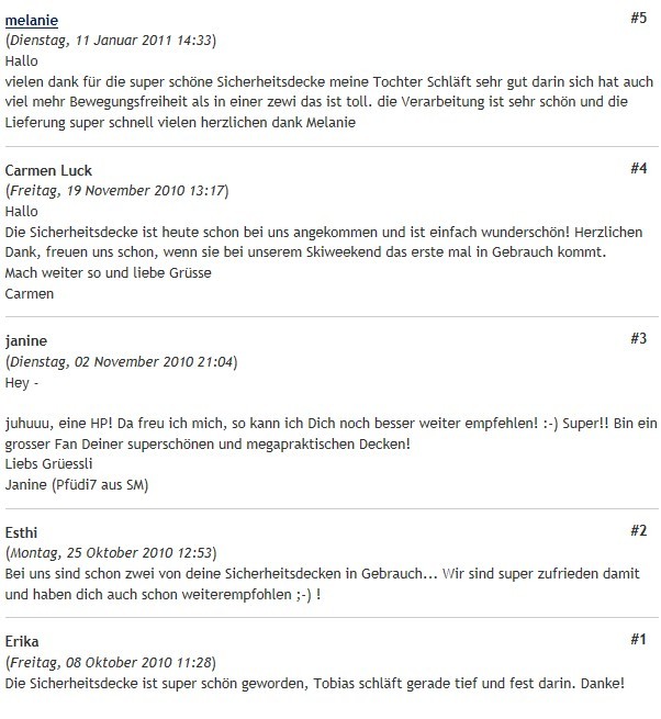 Rückmeldungen - Fixdecken, Sicherheitsdecken für Kinder, Sicherheits