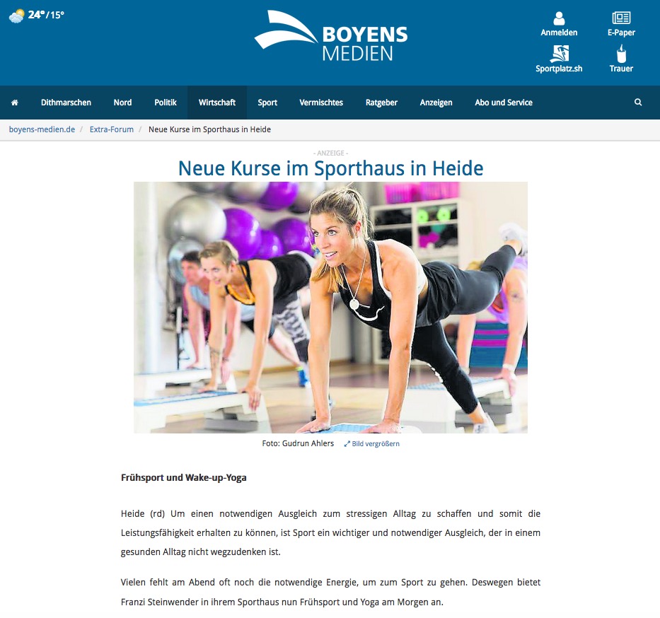 Werbung für neue Kursangebote im Sporthaus Heide von Franziska Steinwender - http://www.sporthaus-heide.de/