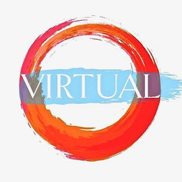 STUDIO ORIGIN Virtual Pilates logo with a orange- red painterly circle and the text “Virtual” in white lettering over a light blue brushstroke.