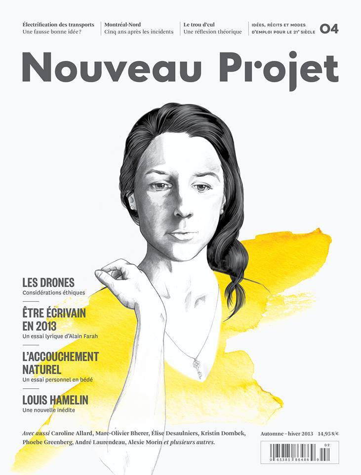 Une du magazine Nouveau Projet, 2014. Illustration : Mireille St-Pierre. Pour Malabourg.