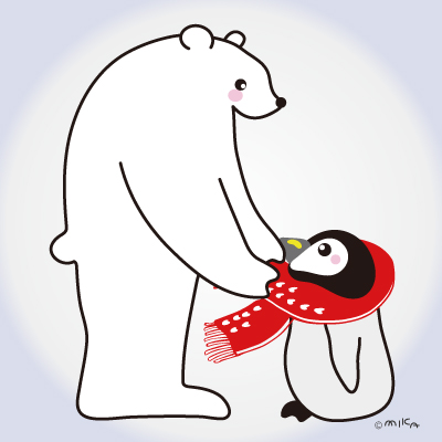 ペンギンにマフラーをかけるシロクマ（グレー／正方形）
