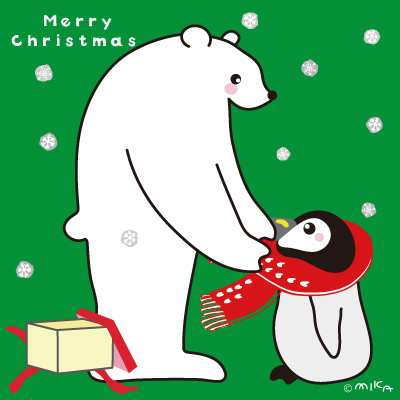 ペンギンにマフラーをかけるシロクマ（クリスマス／正方形）