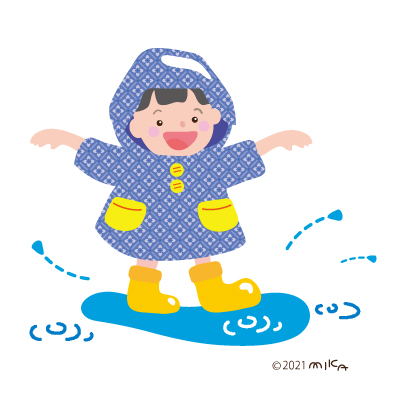 水たまりで遊ぶ子（カッパが青）