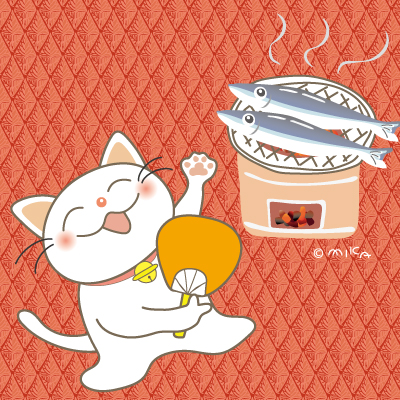 さんまとネコ（背景赤）