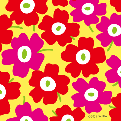赤×ピンク×背景黄色（北欧風花のイラスト）
