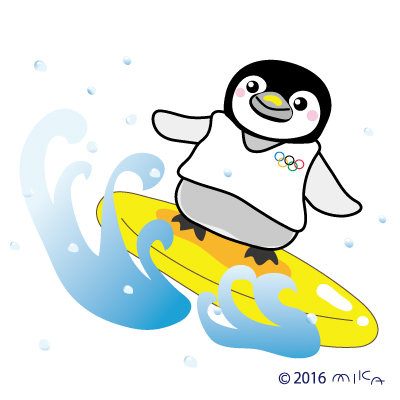 サーフィンするオリンピックのペンギン（正方形）
