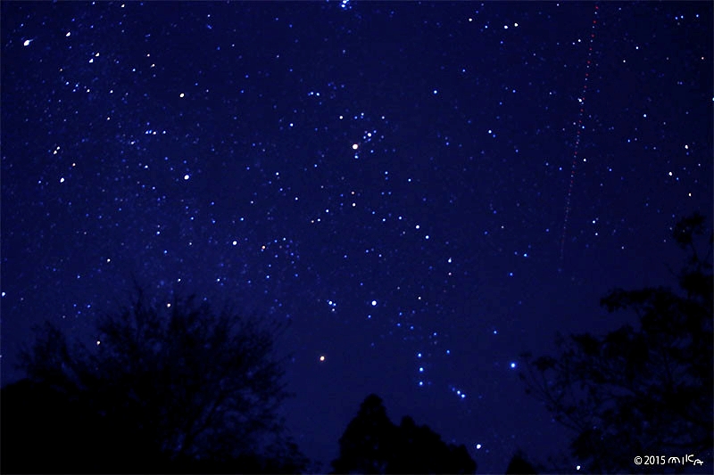 冬の星空に流れ星（わかりにくいですが右上から）