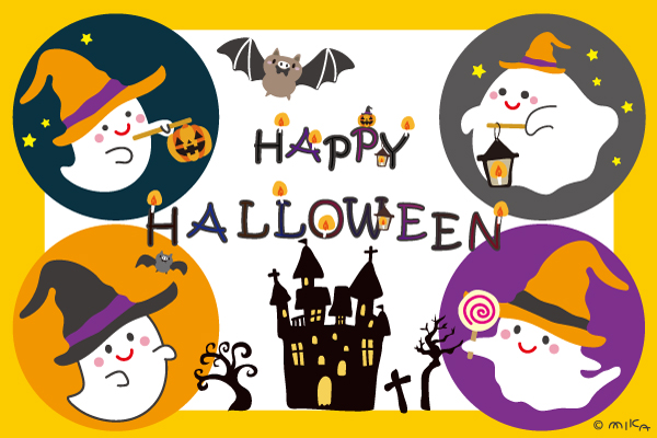 ハロウィーンのおばけたち（背景黄色）