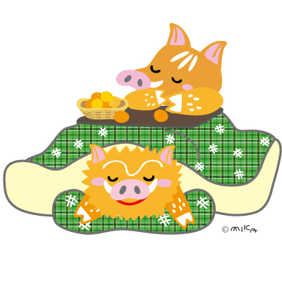 こたつに入るイノシシ（こたつ緑）