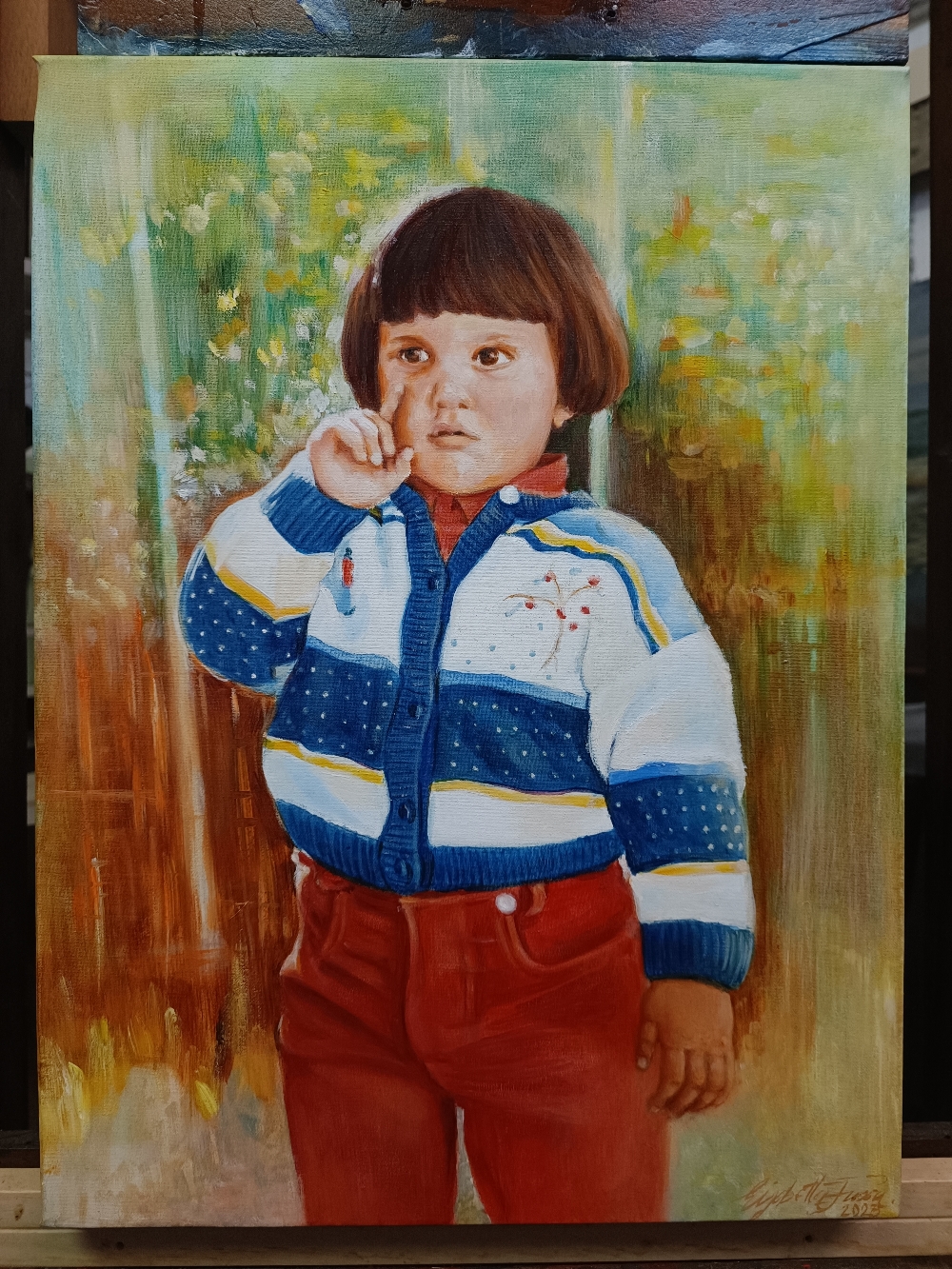 Olio su tela . Ritratto bambina anni 70 