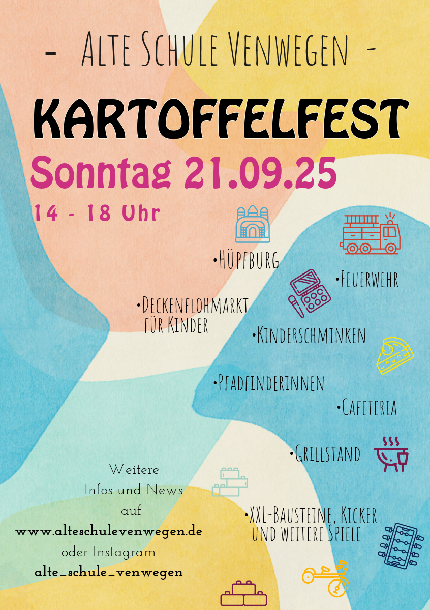 ● Kartoffelfest 2025 ● Kommt gerne vorbei, wir freuen uns! Außerdem können wir noch Kuchenspenden sowie Hilfe bei der Cafeteria bzw. Grillstand gebrauchen. Auch für den Deckenflohmarkt sind noch Plätze frei! Schreibt uns gerne eine Mail an: alteschulevenwegen@gmail.com 