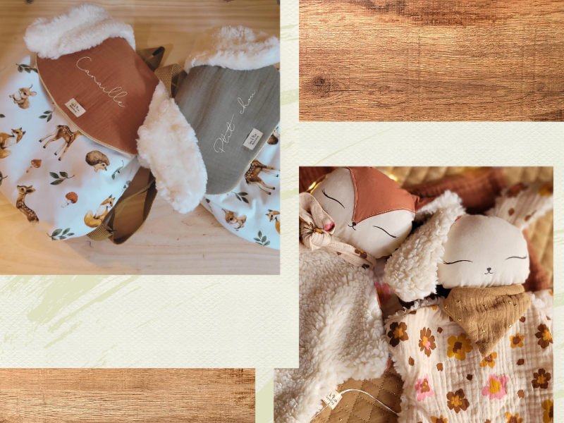 créations couture bébé doudou lapin fait main en tissu peluche biologiques dans des tons kaki et crème posé sur une couverture patchwork dans les memes tons en broderie anglaise et double gaze de coton gots