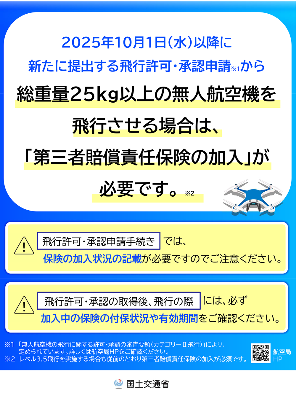 総重量25kg以上の無人航空機を飛行させる場合は第三者賠償責任保険の加入が必要です