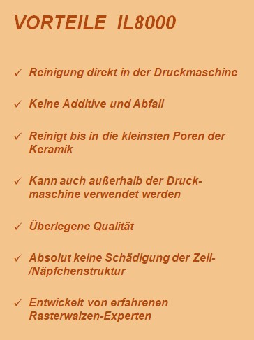 Reinigung direkt in der Druckmaschine Keine Additive und Abfall Reinigt bis in die kleinsten Poren der Keramik Kann auch außerhalb der Druckmaschine verwendet werden;Entwickelt von erfahrenen Rasterwalzen-Experten