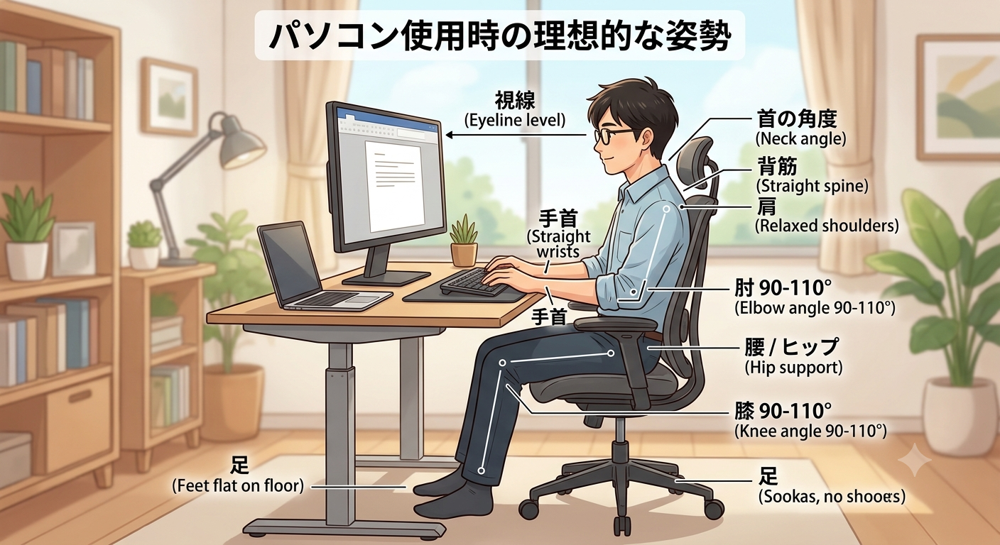 パソコン作業の正しい姿勢｜肩こり・腰痛を防ぐための基本ガイド