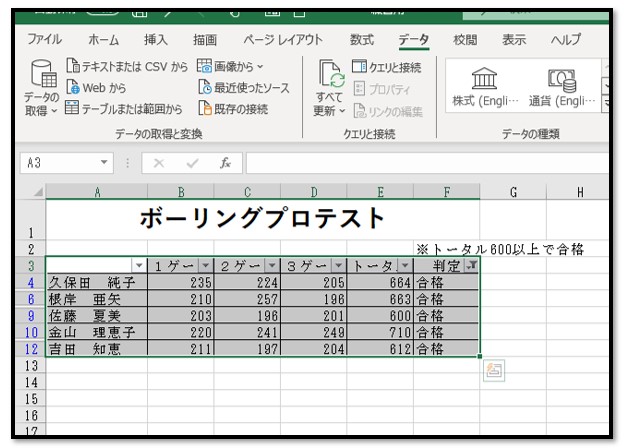 合格者を抽出する（Excel）