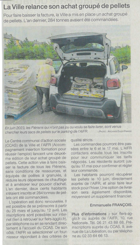 L'AIFR Bocage réitère l'opération pellets en partenariat avec le CCAS de Flers