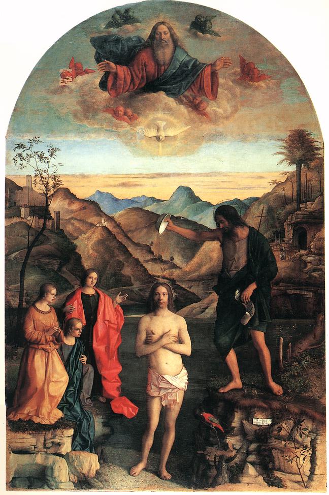 ジョヴァンニ・ベッリーニ「キリストの洗礼」、１５００―１５０２年、サンタ・コロナ教会（ヴィツェンツァ）