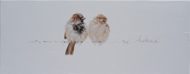 Verliefd!/In love! | oil on linen | 50x20cm   Mussen / Sparrows / Spatzen