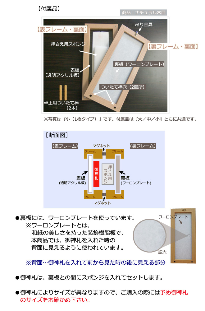 モダン御神札額 各サイズ共通(付属品と断面図)