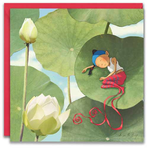 carte postale de Timeliot qui dort sur une feuille de lotus.