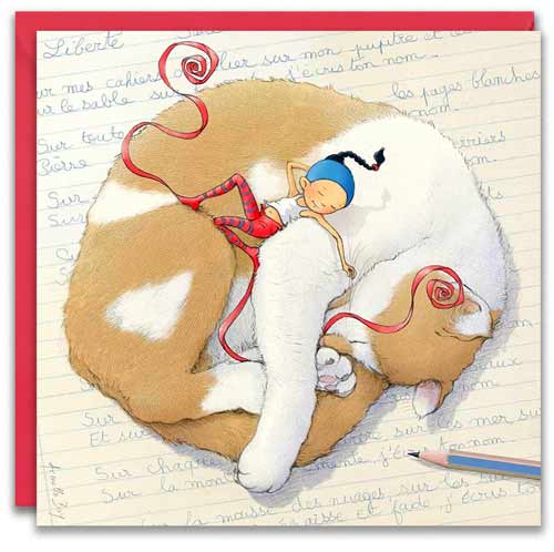 carte postale de Timeliot allongé sur un chat blanc et roux
