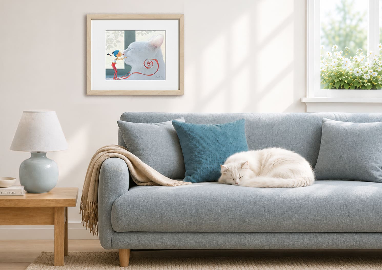 Illustration encadrée au mur de "Le baiser volé" de Timeliot. Il embrasse un chat blanc