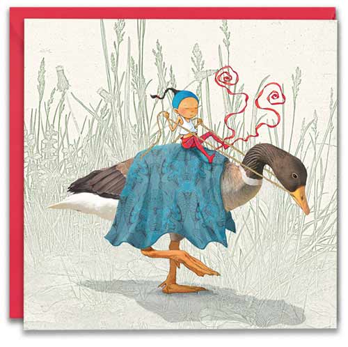 carte postale de Timeliot à cheval sur un canard colvert.