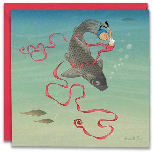 carte postale de Timeliot qui danse au fond de l'eau avec une carpe japonaise