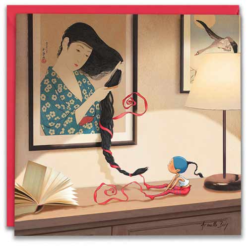 carte postale de Timeliot qui aide la femme d'une estampe japonaise à refaire sa natte qui dépasse de l'estampe
