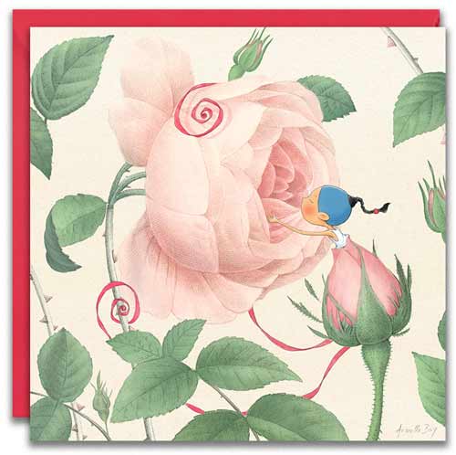 carte postale de Timeliot qui est lové dans un bourgeon de rose et respire une belle rose Pierre de Ronsard.