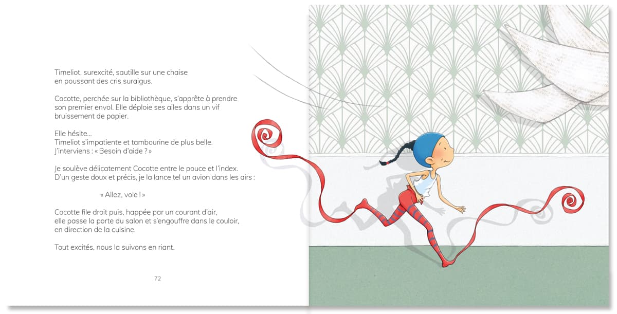 Image du livre jeunesse Timeliot :  Timeliot poursuit joyeusement une cocotte en papier