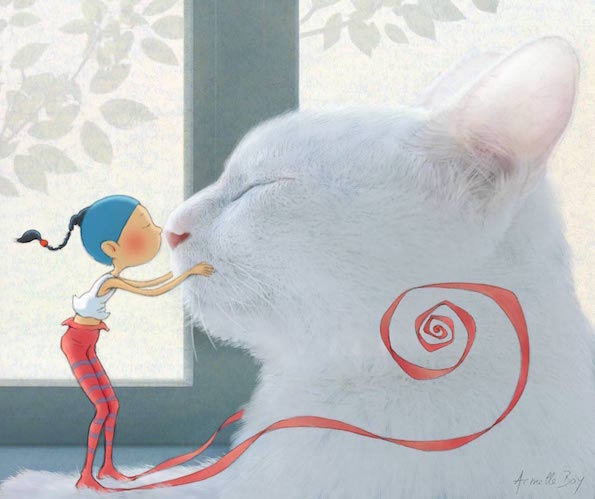 Timeliot fait un bisou sur le museau du chat blanc