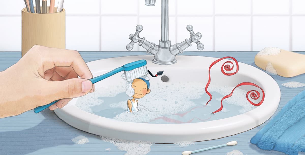 Extrait de l'album jeunesse Timeliot - Ma vie, mon elfe ! Timeliot est lavé dans le lavabo. On le frotte avec une brosse à dent