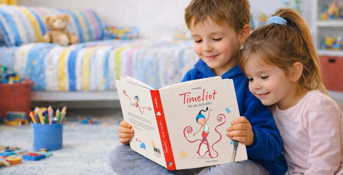 2 enfants sourient en lisant l'album "Timeliot - Ma vie, mon elfe !"