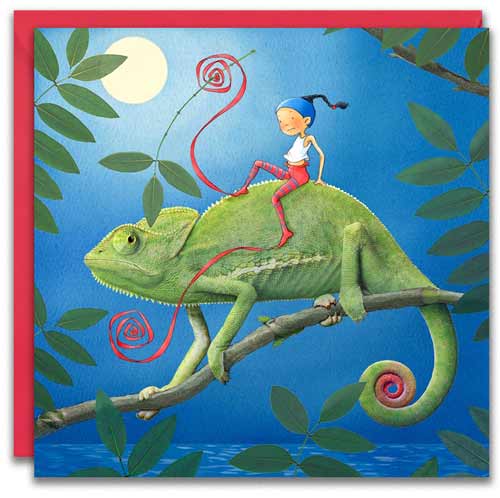 carte postale de Timeliot à cheval sur un caméléon. Il fait nuit et la lune est toute ronde